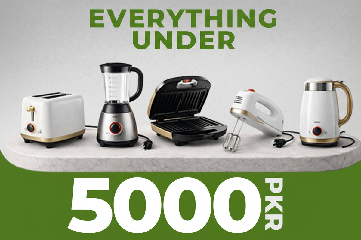 Set of kitchen appliances on a gray surface with promotional text about price.